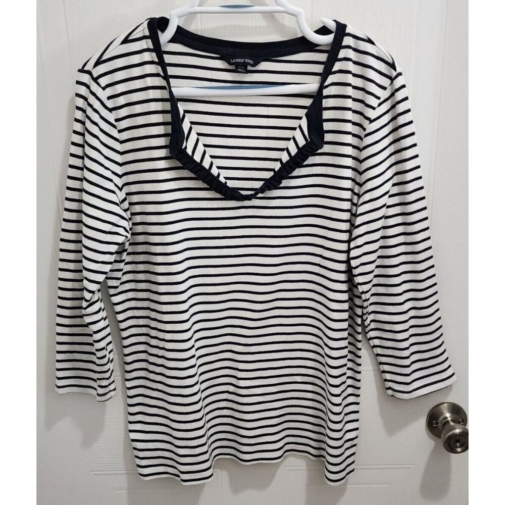 Lands' End Women's 3/4 Sleeve Ruffle V Neck Shirt Top Blue/White Striped Size L